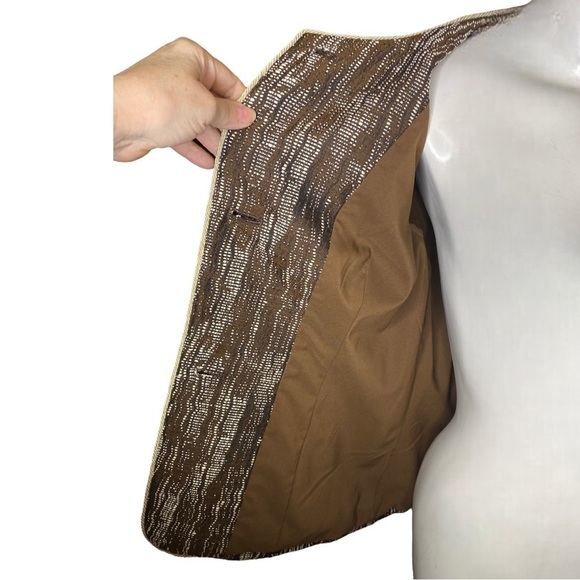 Yansi Fugel Jacket Kava Multi Brown Raffia Jacquard Inset Waist Short Sleeve  4 - Picture 6 of 6